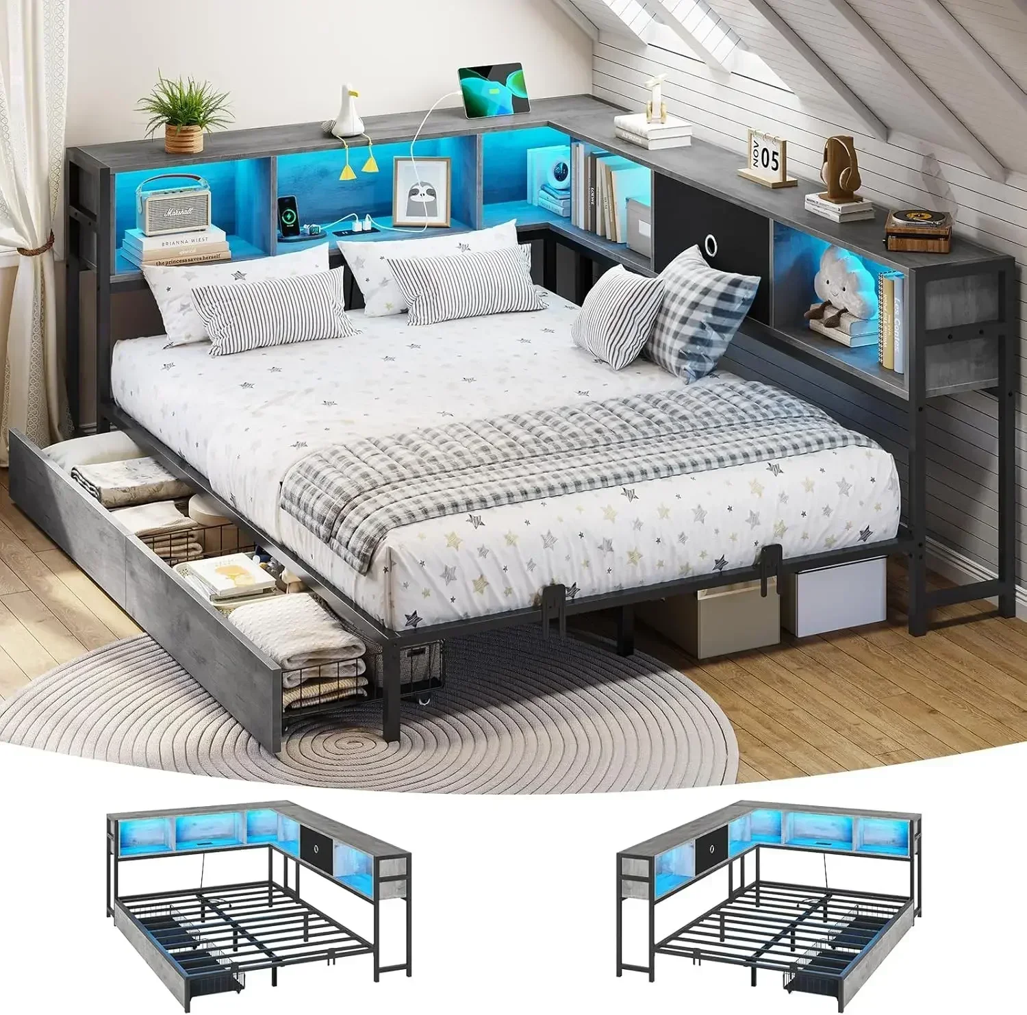 [Discounted Price!Free Shipping!]Corner Full Bed Frame with Bookcase Storage and Led Lights Size Metal Platform w