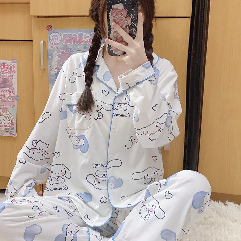 

Sanrio Cinnamoroll Women Sleeping Pajamas Sets Kawaii Cartoon Autumn Long Sleeve Pant Student Leisure Sleepwear Home Clothes New