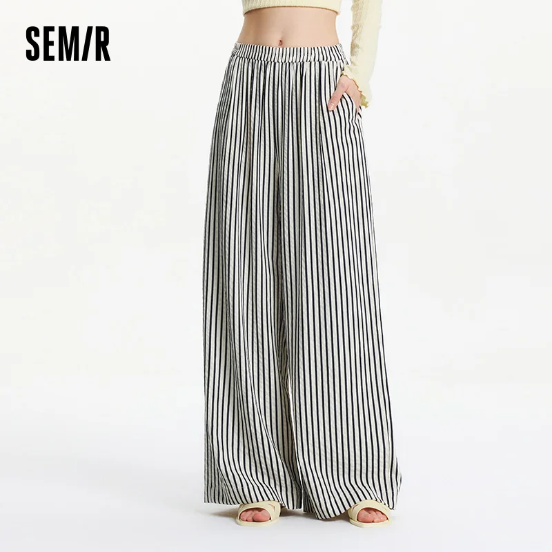 Semir Elastic Waist Casual Pants Women Lazy Chic 2025 Summer New Striped Wide Leg Lengthening Trousers for Daily Walks