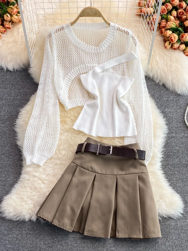 

Y2k Spice Girls Three-piece Suit Hollow Out Long Sleeve Pullover+skew Collar Tanks+pleated High Waist Mini Skirts Women Clothing
