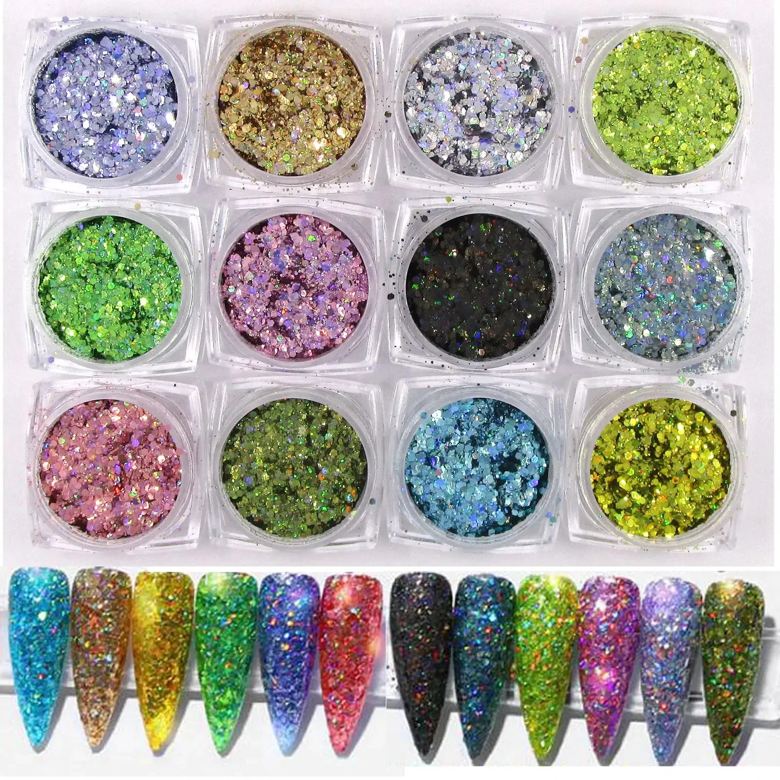 Holographic Laser Nail Art Glitter 12/24Box/Set 3D Nail Sequins Metallic Flake Acrylic Powder Dust Shining Paillette Holographic