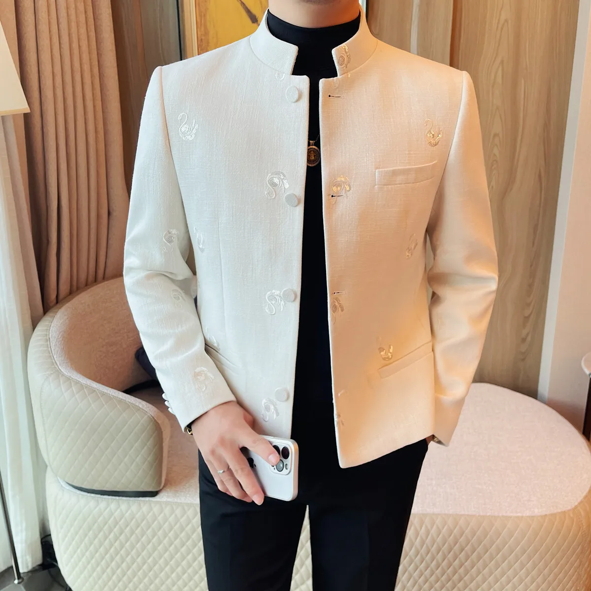 Autumn Winter Embroidery Stand Up Collar Suit Jacket for Men Fashion Slim Casual Blazers Social Banquet Celebrity Stage Jackets