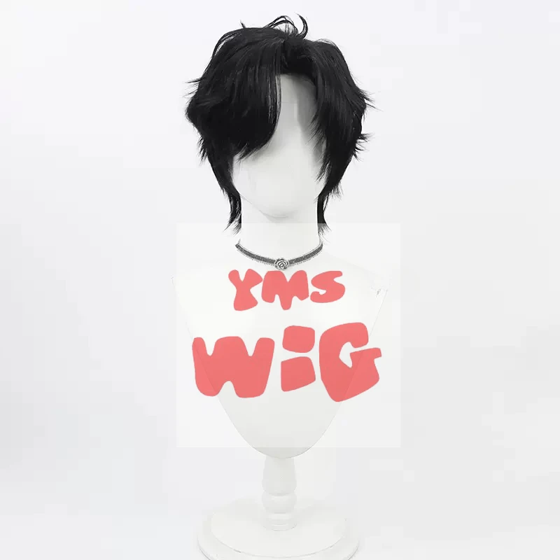 YMS Wig Synthetic Hair Schale Sensei Cosplay Wigs Blue Archive Schale Sensei 30cm Short Wavy Black Men Cos Wig Heat Resistant