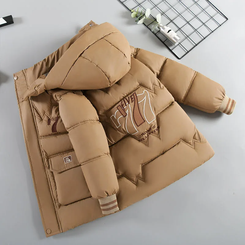 -30℃ 2025 Winter Teen Boys Jacket Plush Thick Cold Prevention Letter Print Hooded Down Cotton Outdoor Jackets For 4-11 Years
