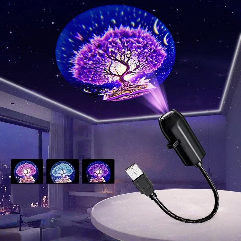 

Светодиодный USB-проектор для деревьев, 3 режима проекции, регулируемый, красно-фиолетово-синий ночник, атмосферная лампа, праздничный подарок