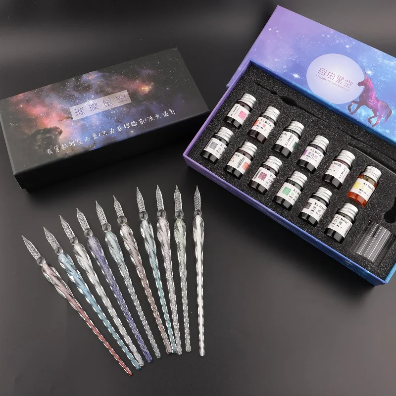 Caneta de imersão de vidro de cristal estrelado, caneta de imersão de vidro vintage para arte, escrita, pintura, assinatura, decoração, conjunto de presente de feriado