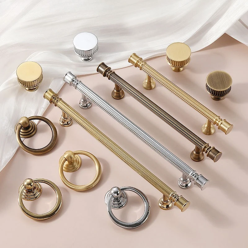 Solid Brass Luxury Furniture Handle Ribbed Romance Style Chrome Silver T-Bar Kitchen Cabinet Pull Wardrobe Door Copper Knob