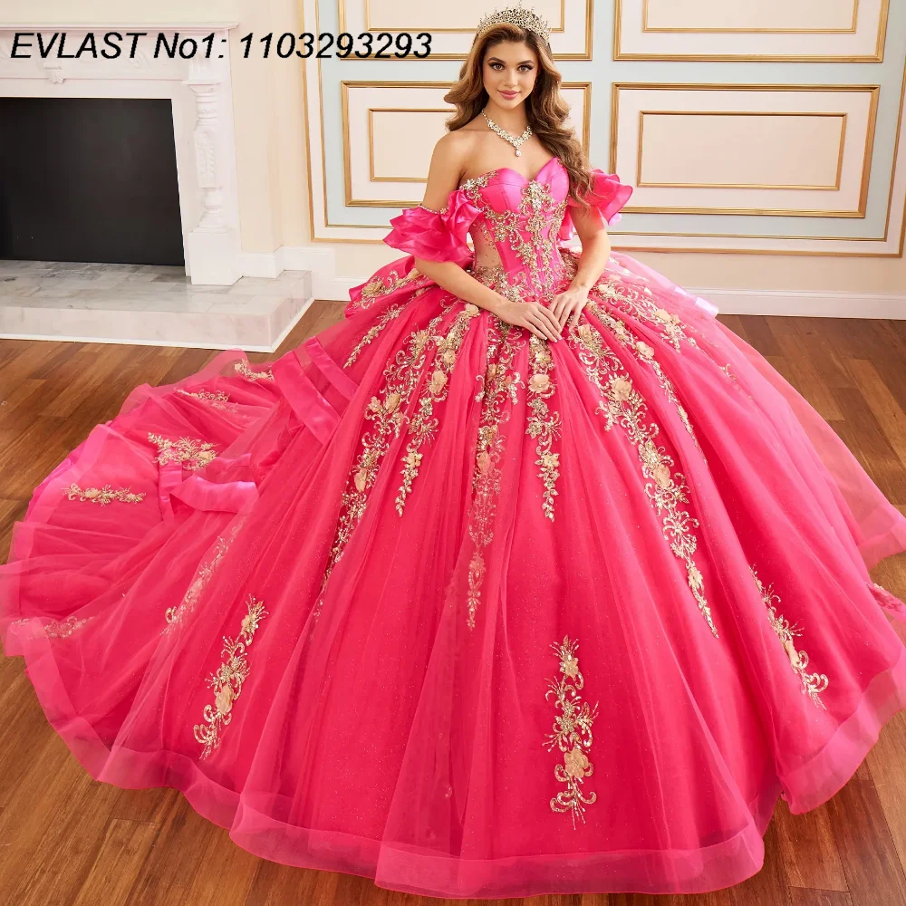 EVLAST ที่กําหนดเองเม็กซิกันสีเขียวมรกต Quinceanera Ball Gown ทองลูกไม้ Applique ประดับด้วยลูกปัดหวาน 16 Vestido De 15 Anos E1Q81