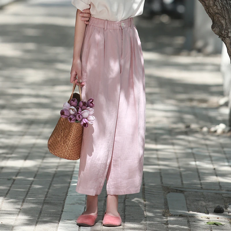 

Original Women's Casual Waed Linen Elastic Waist Versatile Nine-Piece Pants Commute Sle Thin Material Wide Leg Pants