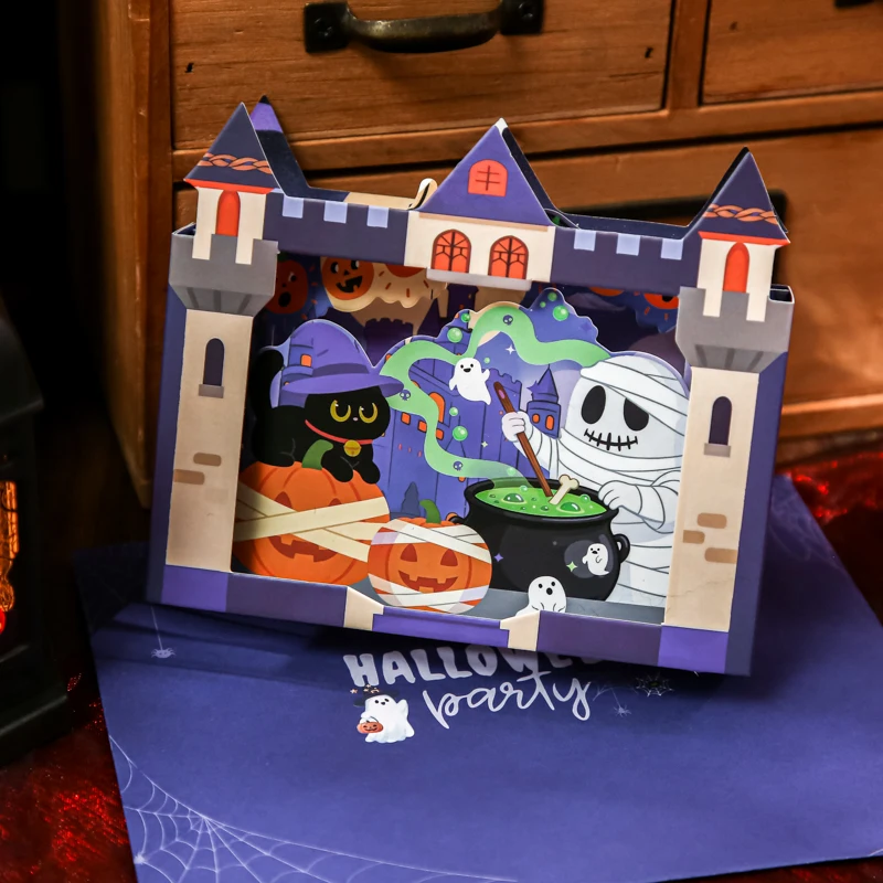 Mini Halloween Layered Scene Greeting Card Set Cute Black Cat Ghost Pumpkin Wagon Castle Holiday Thank You Cards With Envelopes