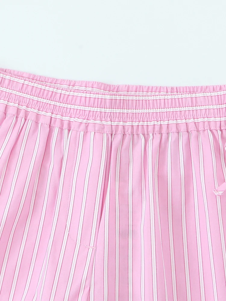 KUCLUT レディース ファッション 2点セット ストライプ柄 リボン付き レースアップ Vネック ベスト & ヴィンテージ ハイウエスト ショートパンツ シックなショートパンツセット