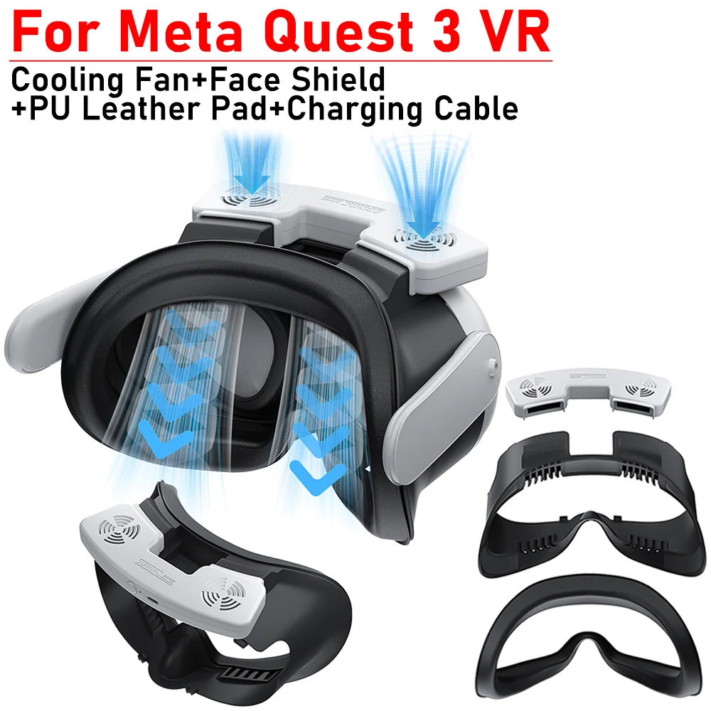 For Meta Quest 3 VR Headset Cooling Fan with Facial Interface Face Cover Defogging 3 Speeds Air Circulation Breathable Fan