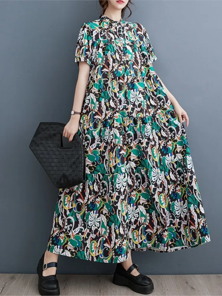 Oversized Summer Long Dress Women Floral Print Modis Casual Loose Ladies Dresses Short Sleeve Ruffle Pleated Woman A-Line Dress