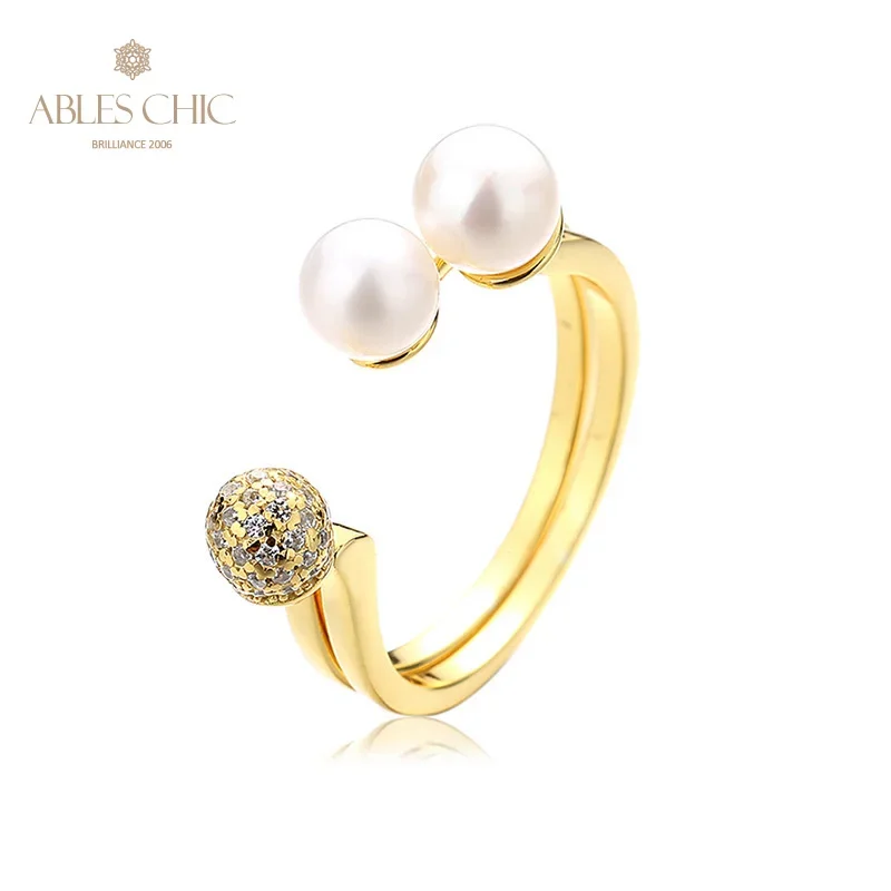 

AC 5A Freshwater Pearl 5.5-6mm Accent 3 Balls Solid 925 Silver Open Ring RN1009