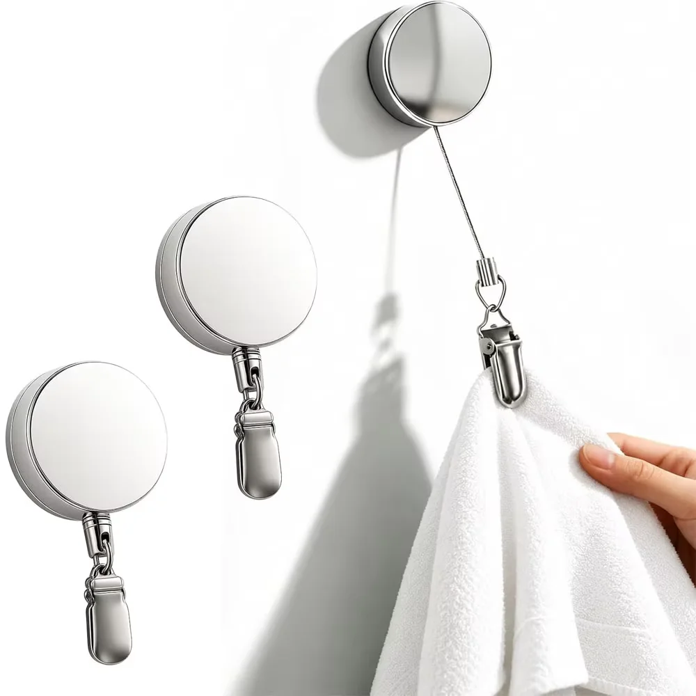 Self-Adhesive Towel Clip Set, 60cm Retractable Wall-Mounted Holders with Secure Metal Clamps for Kitchen Bathroom Laundry