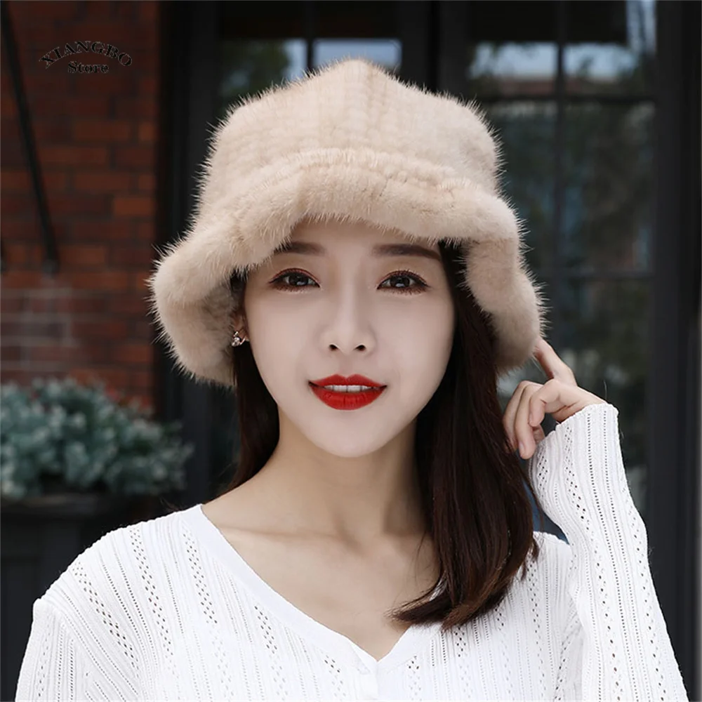 

Chic y2k Fur Hat For Women Natural Mink Fur Knitted Hat Furry 2024 Russian Winter Luxury Fashion Panama Fisherman Cap