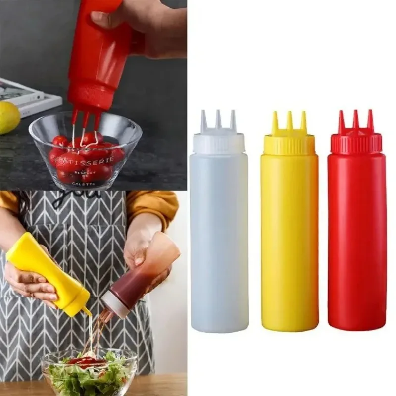 Squeezable Thickened PE Triple Nozzle Sauce Squeeze Bottle, Suitable for Ketchup, Jam, Cream and Salad Dressing