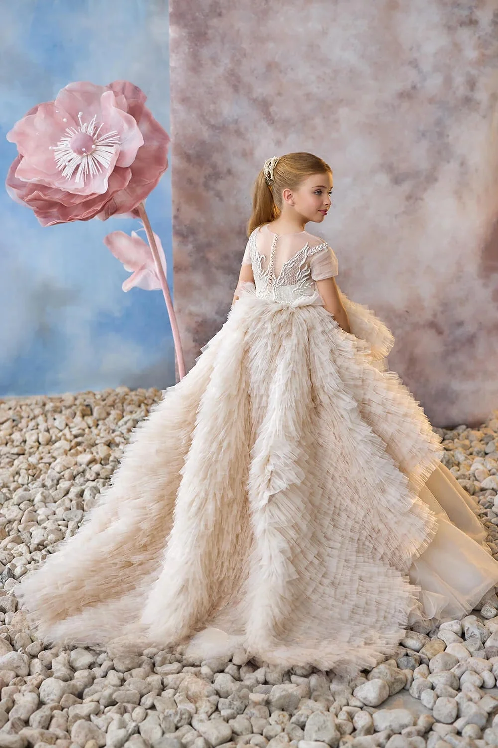 Custom JDY High Short Sleeve Lace Bodice Ruffle Trailing Flower Girl Dress Wedding Party Gown Birthday Pageant Dress فساتين اطفا