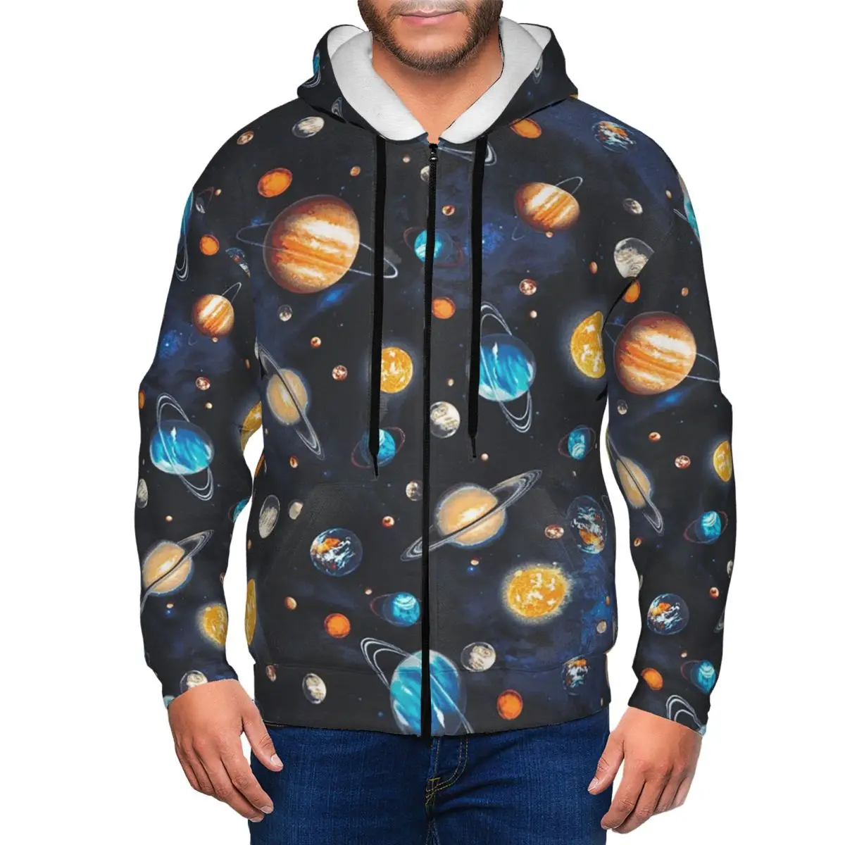 Solar System Space Planets Universe Zipper Hoodies Hip Hop Pullover Autumn Winter Men's Women's Sweatshirts Long Sleeve Tops