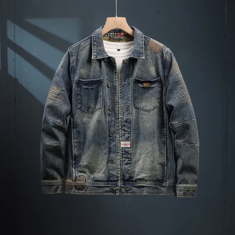 

2024 new vintage denim jacket men's autumn and winter loose Pu Shuai Embroidery Fashion nostalgic street motorcycle jacket