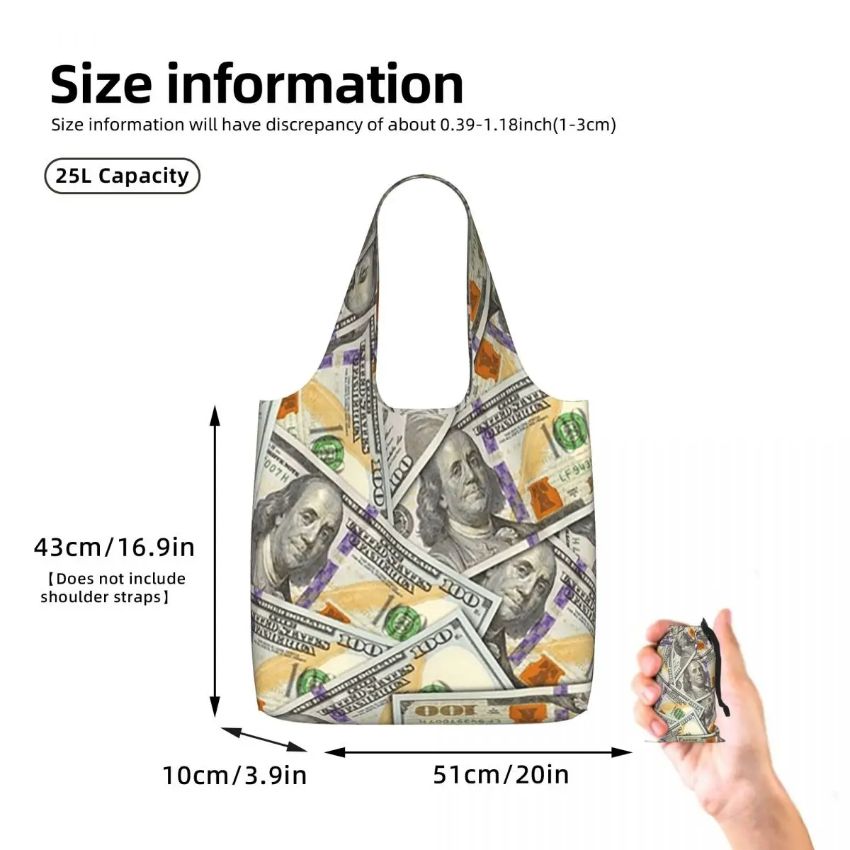 Giant Money Background 100 Dollar Bills Shopping Tote Bag Canvas Large Capacity Shoulder Bags Shopper Grocery Handbag for Women