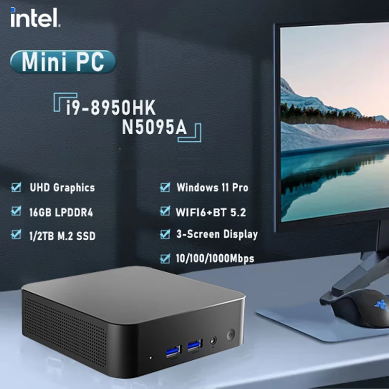 Intel Core N5095A/i9- 8950HK  Gaming Mini PC Windows 11 Pro 16GB DDR4 1TB 2TB M.2 SSD UHD Graphics 1000Mbps Ethernet Mini PC