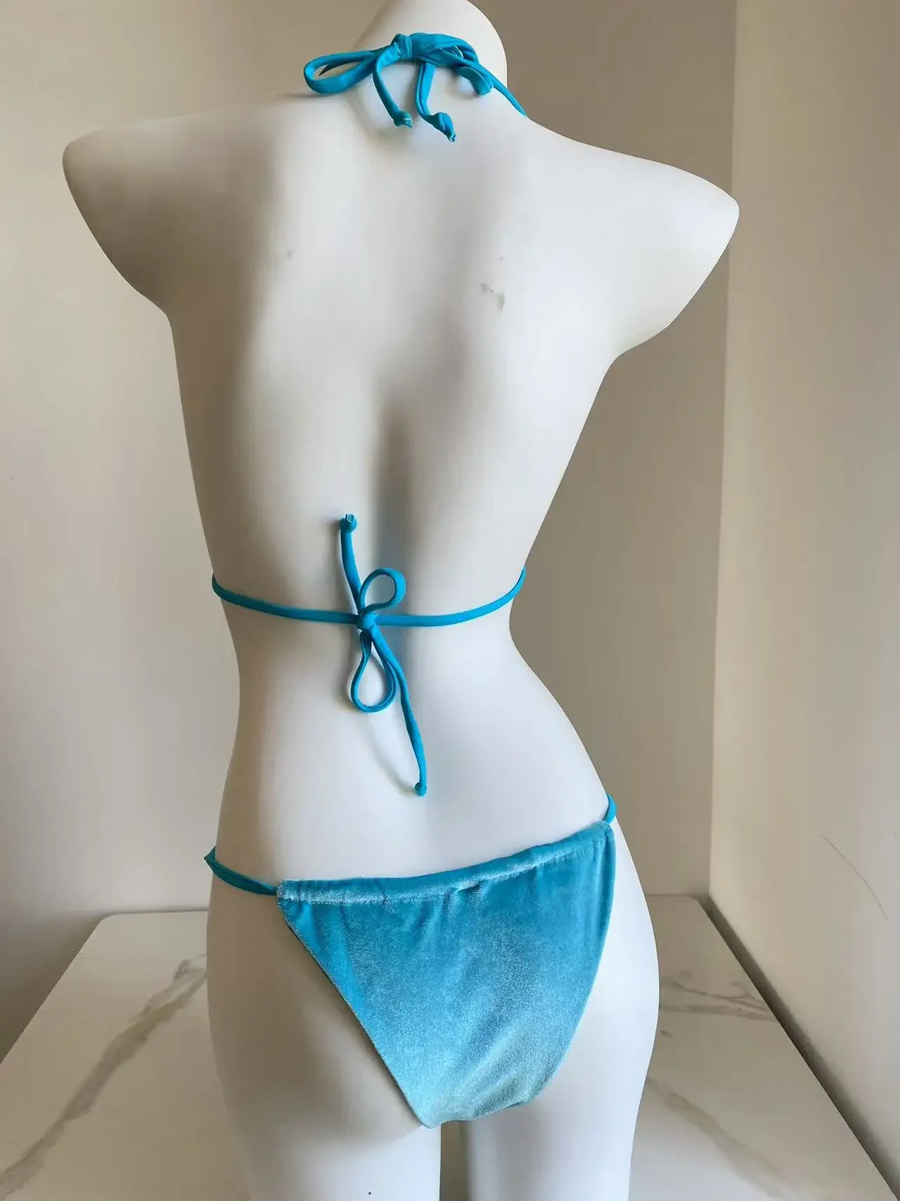 Sexy Velvet Bikini 2025 Mujer Women Solid Blue Lace Up Thong Swimsuit Cut Out Bandage Strój kąpielowy Micro Swimwear Stroje plażowe