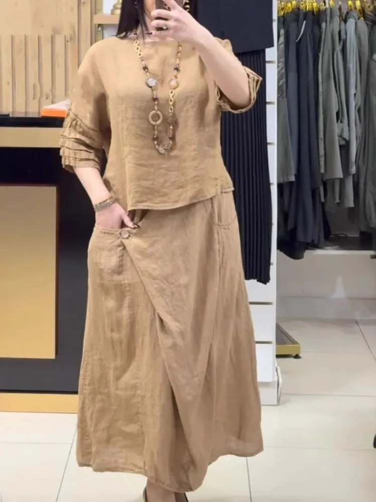 Cotton Linen Skirt Set For Spring Summer New Women's Clothing Fashion Pile Sleeves Casual Solid Color Loose Skirt Two-piece Set