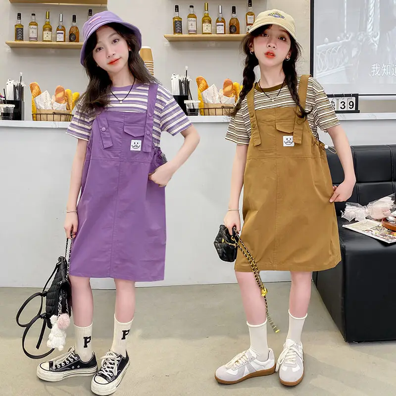 

Baby Girls Clothes Summer Girls Dress Set Kids Top+Suspender Skirt 2Pic Children Flower Leisure Suit 4-14 Years Youth Clothing