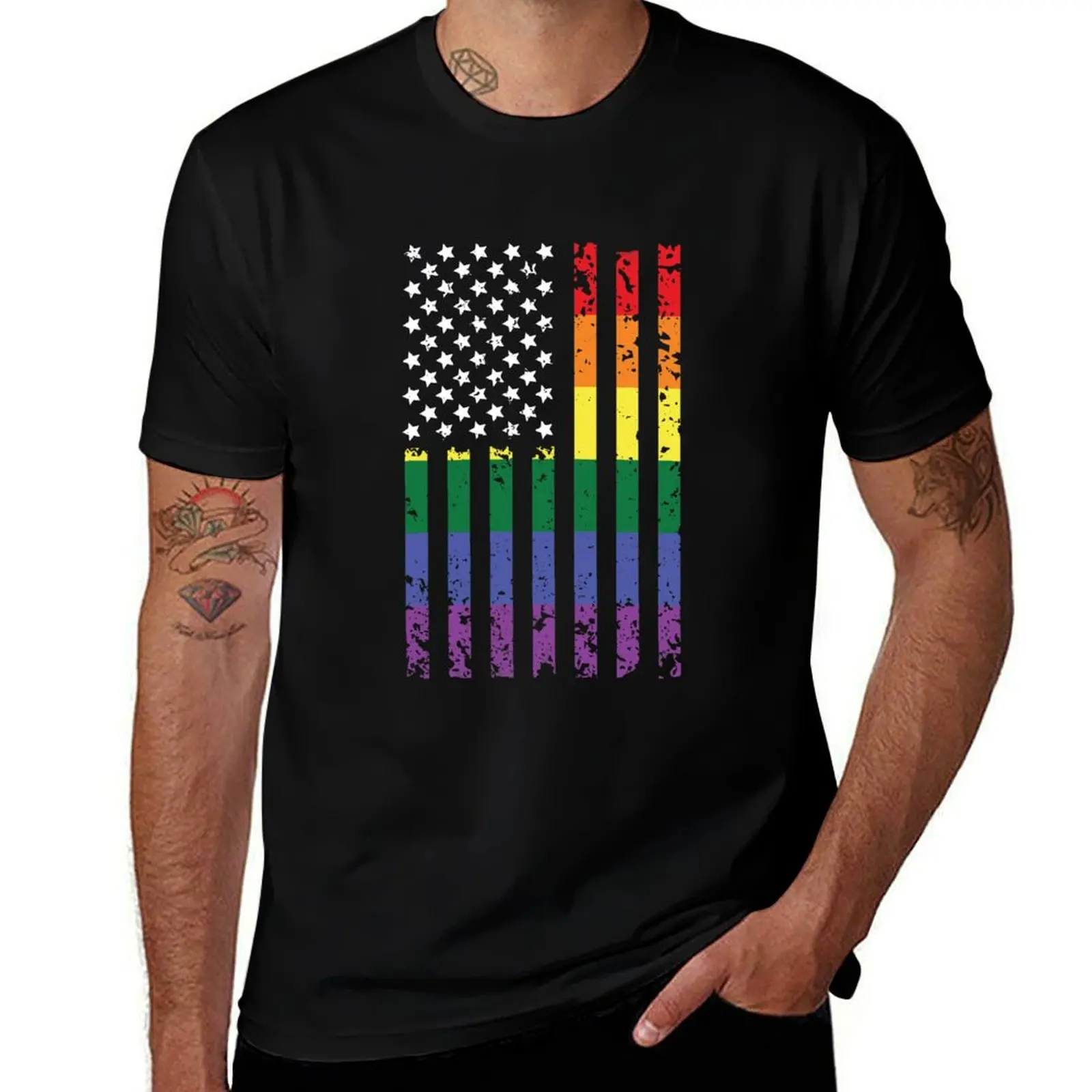 Distressed Rainbow LGBT American Flag Gay Pride Gift T-Shirt Regular Fit Plain Tee Shirt T-Shirt