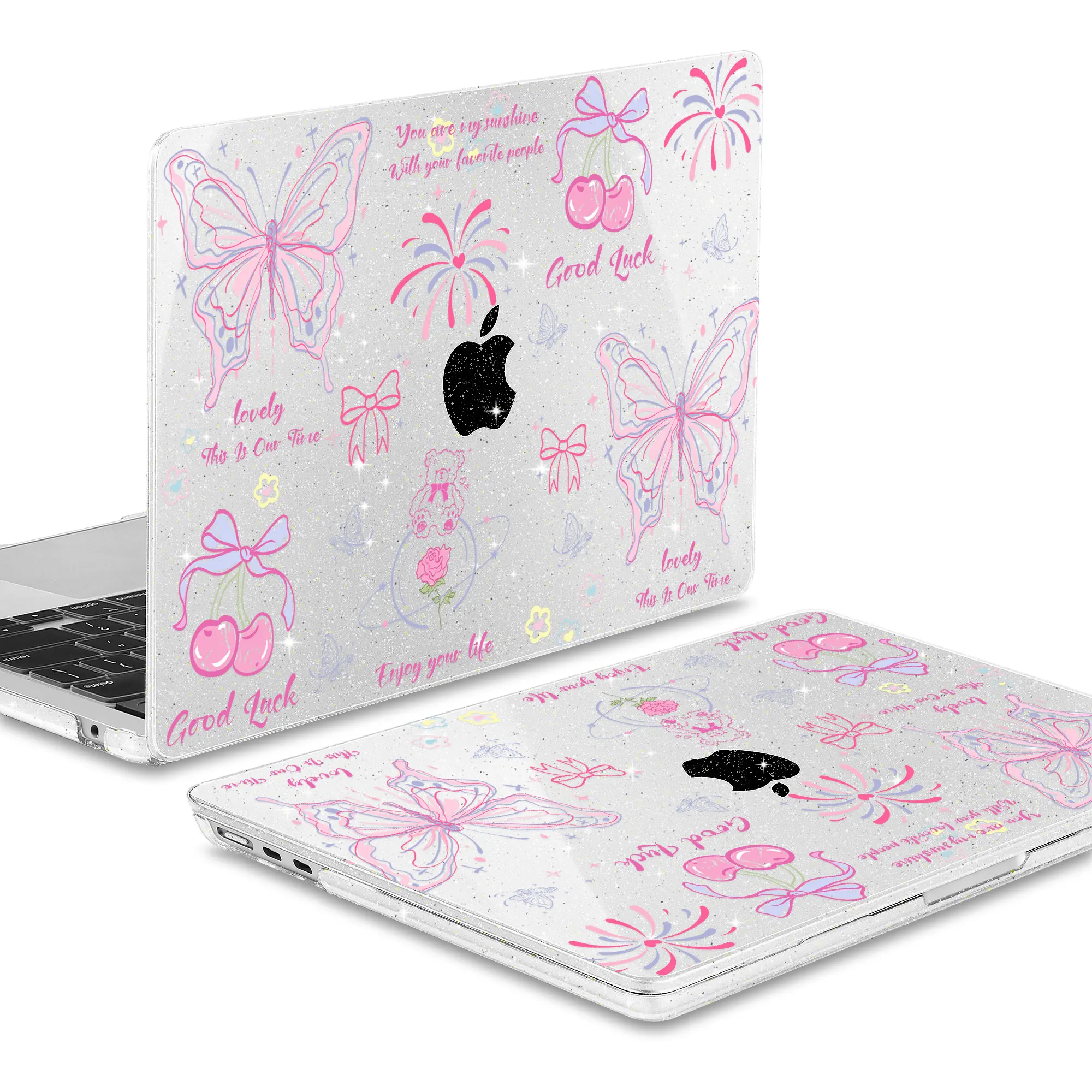 Doodle borboleta glitter cristal impressão caso para macbook air caso m3 m2 m1 a2681 a3113 a2337 pro m4 caso 14 16 polegada 15 polegada a3114