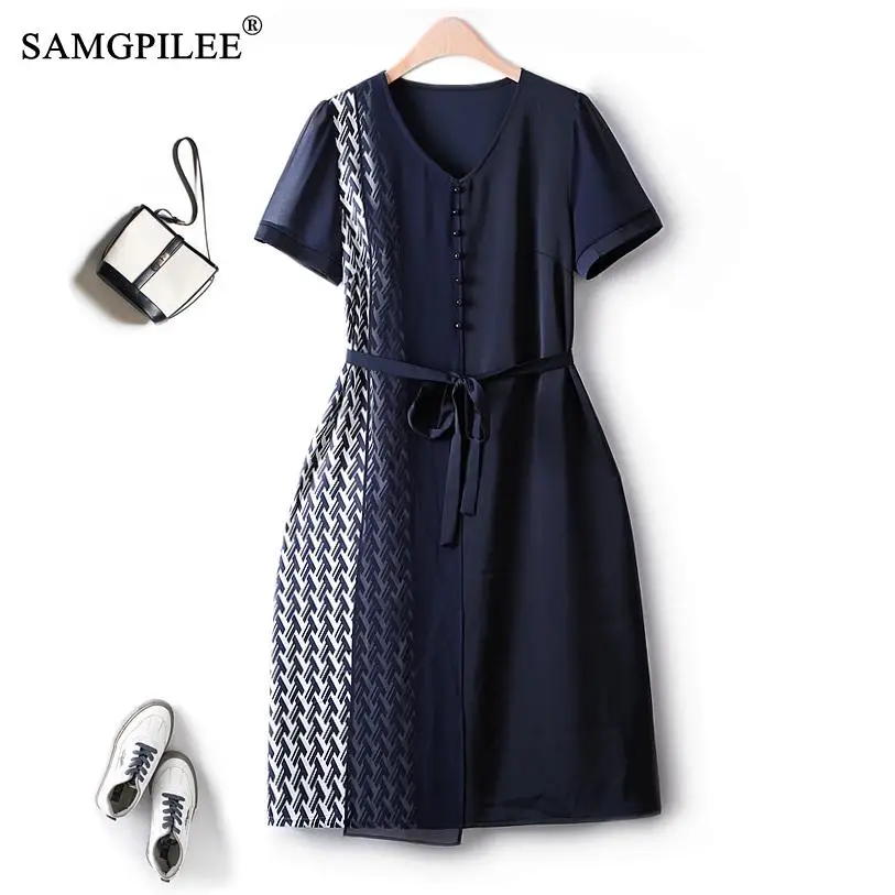 

Female Dress 2023 Summer New V-neck Houndstooth Drape Slippery Satin Handle Stitching Waist Commuter High Waist Dresses Women