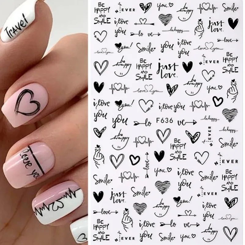 3D Black Heart Nail Stickers Love Valentine Cute Cartoon Couple Letter Self Adhesive Wrap Slider DIY Manicure Accessories Tips