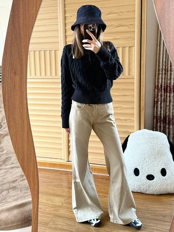 

Khaki Fce Lined Flared Jeans Women's Thiened Warm Loose Wide Leg Pants Casual Low Waist Zipper ket Soft Fabric
