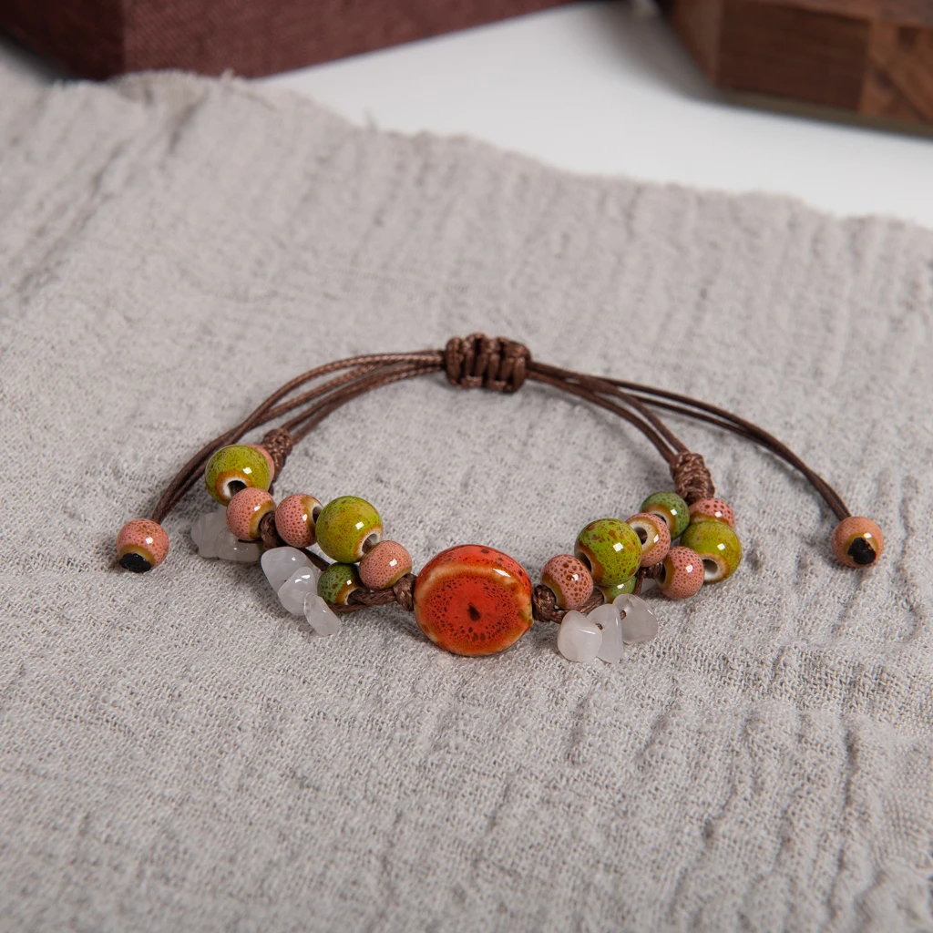Colorful Ceramic and Natural Stone Bead Handmade Bracelet Adjustable Rope Boho Vintage Jewelry for Women S03-126
