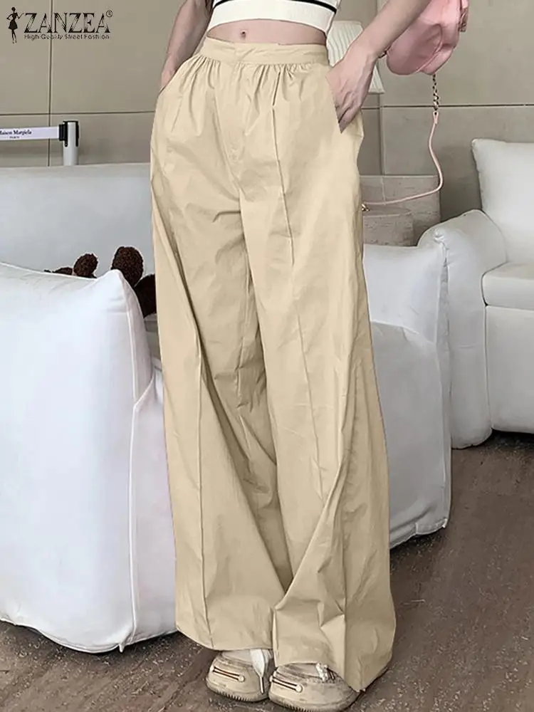 ZANZEA Women Wide Leg Trouser Fashion Elastic Waist Solid Long Pants 2023 Autmun Mid-Waist Pantalon Streetwear Vintage Bottoms