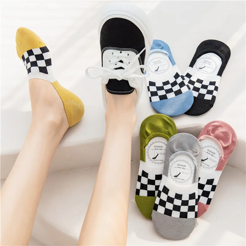 1PR Pure-Cotton  Women Spring Summer Chessboard Plaid Invisible Female Socks Style Avocado Green Silicone Non-Slip Short Cotton