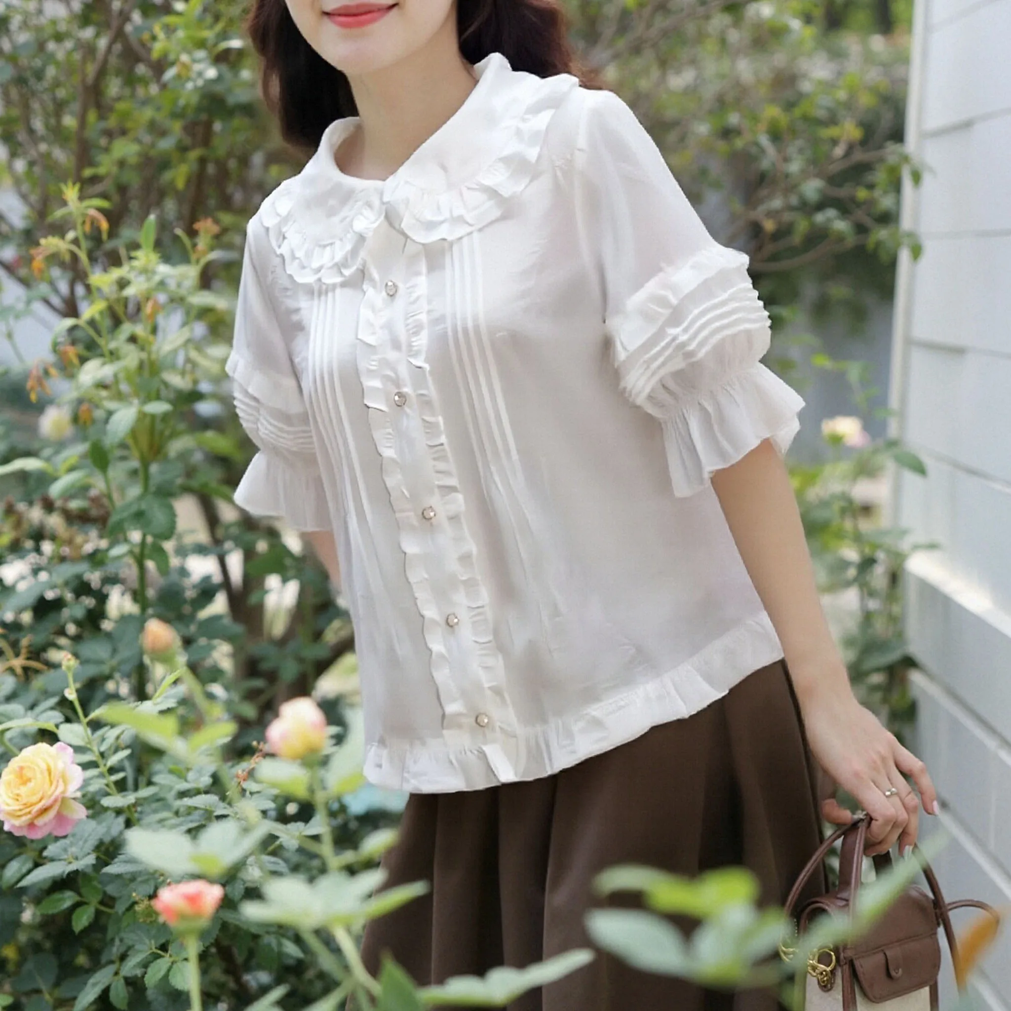 Peter Pan Collar Lolita Kawaii Solid Pink White Women Shirt Japanese Single Breasted Sweet Blouse Aesthetic Ruffled Loose Blouse