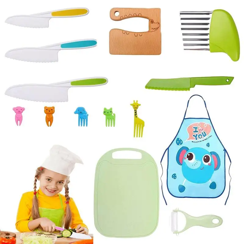 

Kid Safe Kitchen Tool Non-Slip Handle Design Toddler Cooking Value Set Home Kitchen Utensils For Real Cooking And Cutting Fruits