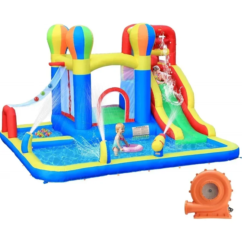 Baralir Inflatable Bounce House with Water Slide and Large Splash Pool, Bouncy Water Park with Surprise Dump Bucket, Water Spray