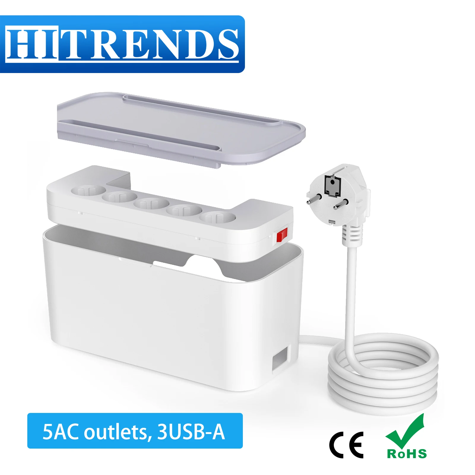 EU Cable Box with Power Strip, Multiple Socket Surge Protection with 5 Sockets and USB, Cable Organiser Box, 2m Extension Cable