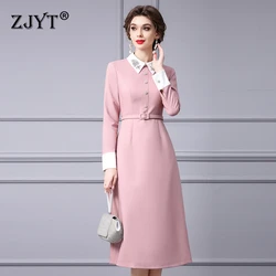 ZJYT Diamonds Collar Color Block Pink Dress Women 2024 Fashion Spring Long Sleeve Simple Dresses Elegant Office Party Vestidos