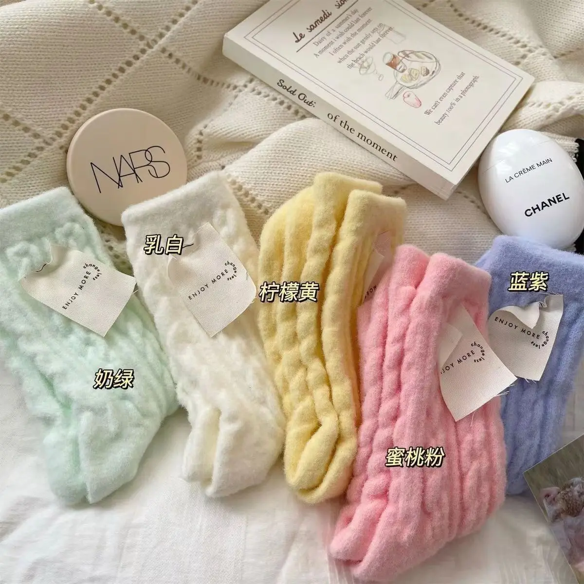 5Pcs Plush Socks Women's Autumn and Winter Plush Thickened Macaron Color Girl Medium Tube Socks Cold-proof Socks