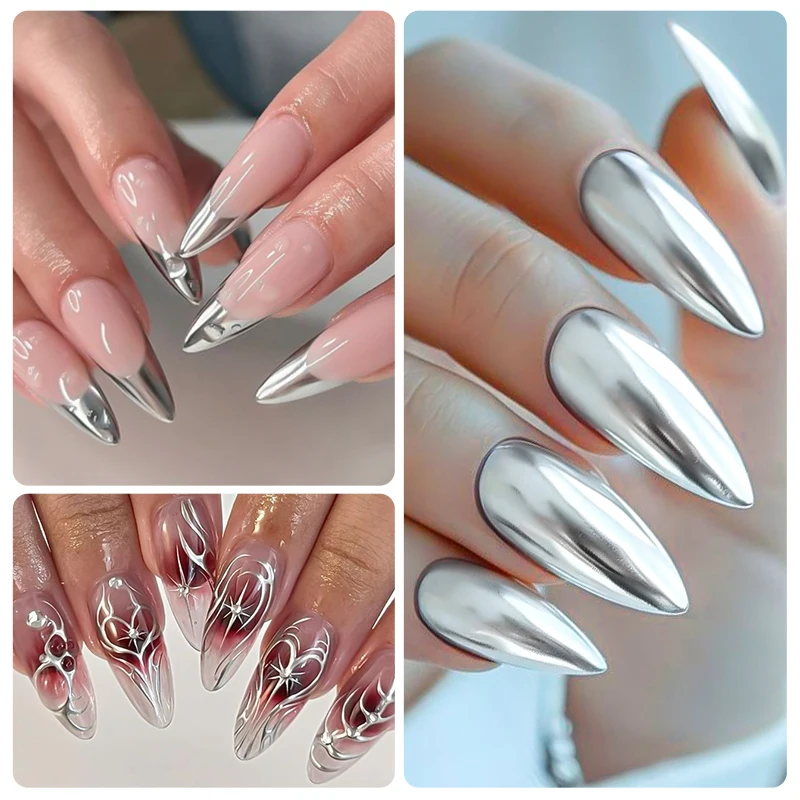 MEET ACROSS 7ml Silver Metal Painting Gel Nail Polish Mirror Effect Line Flower Drawing Gel Soak Off Gel UV Nail Art Varnish DIY