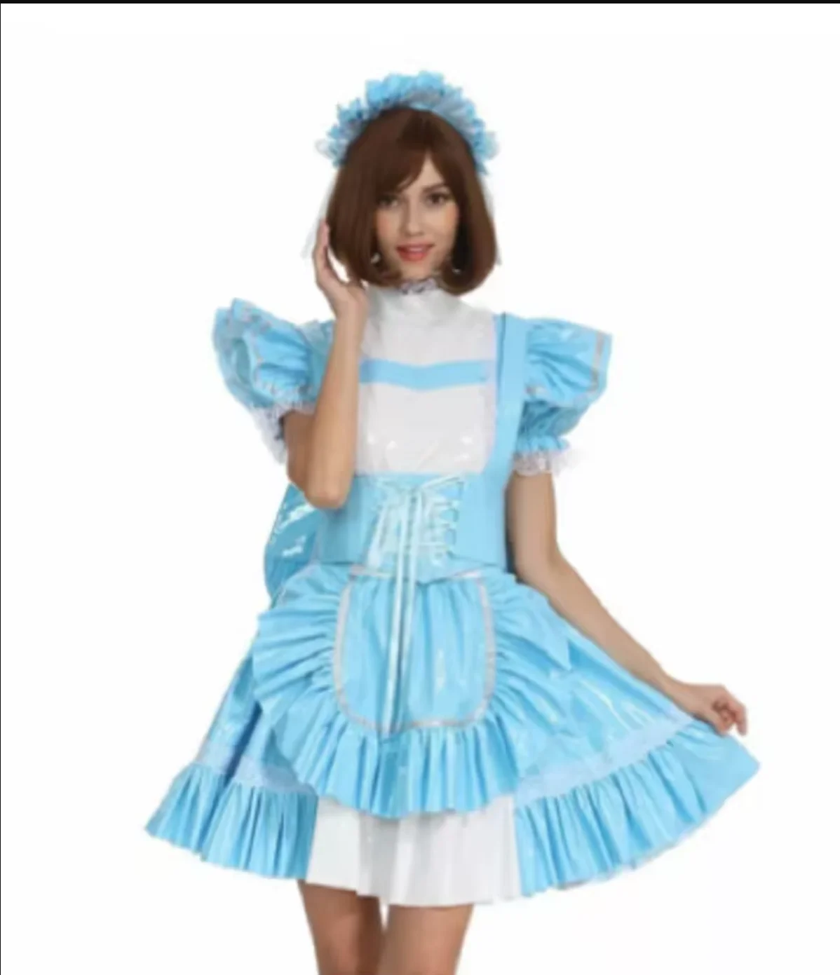 

Lockable Sissy PVC Vinyl Blue Apron Lovely Dress Uniform Role Play Suit Custom