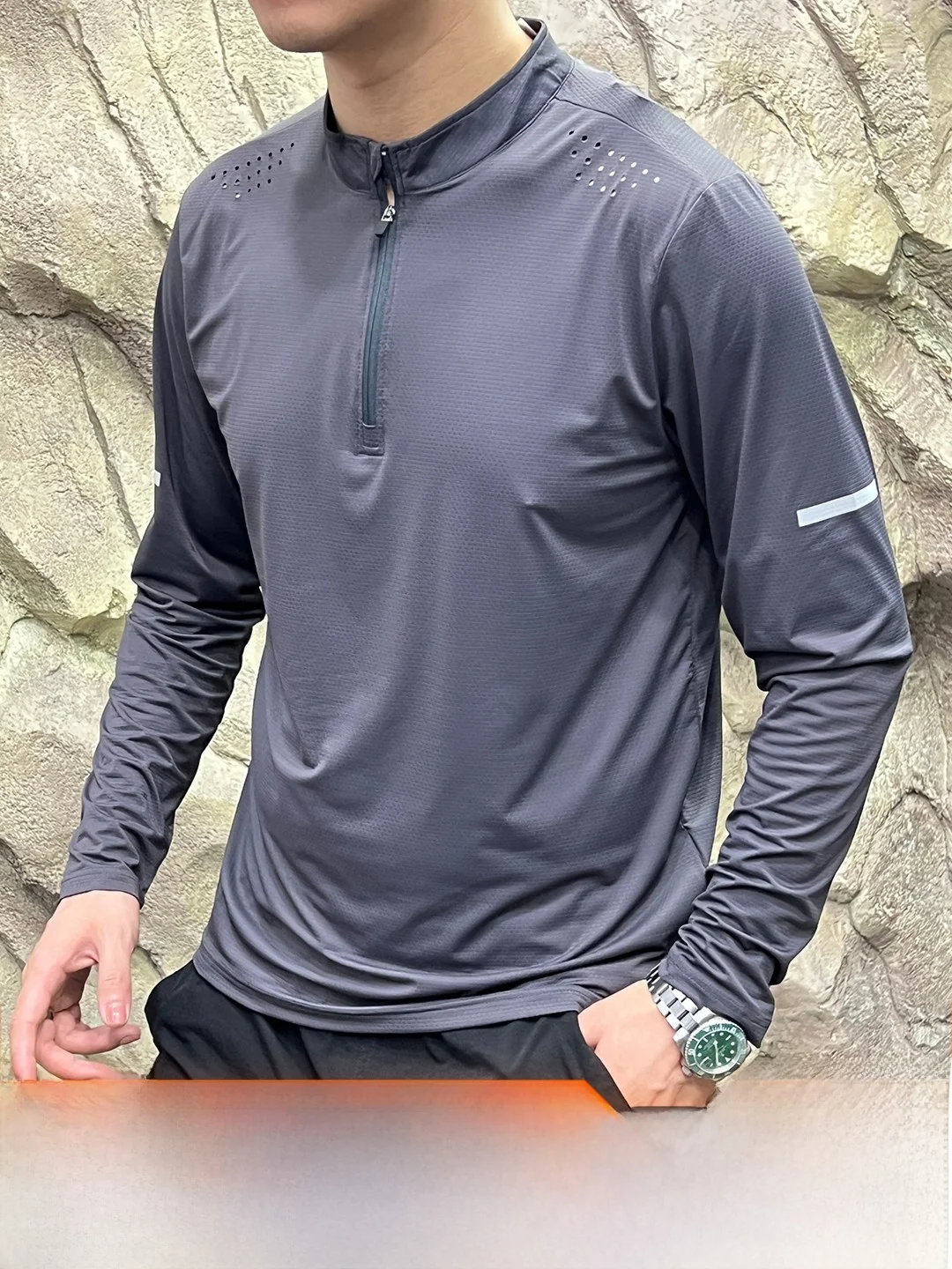 High-End Men's Quick-Dry High-Elastic Fitness Sportswear Casual Long-Sleeve T-Shirt Laser-Punch Breathable Full-Zip Training Top