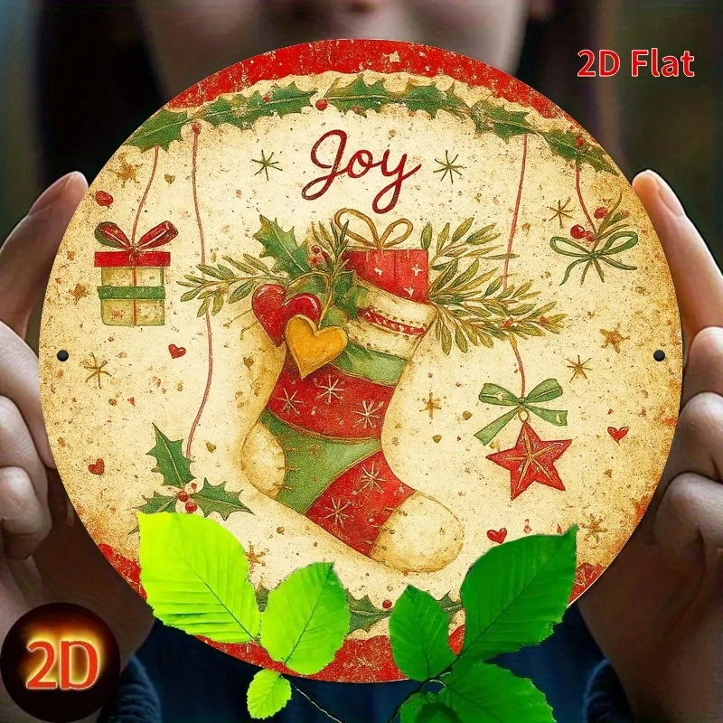 Tin Sign - Vintage Joy Christmas Stocking Metal Plaque Wall Decor, Holiday Home Kitchen Living Room Wall Art