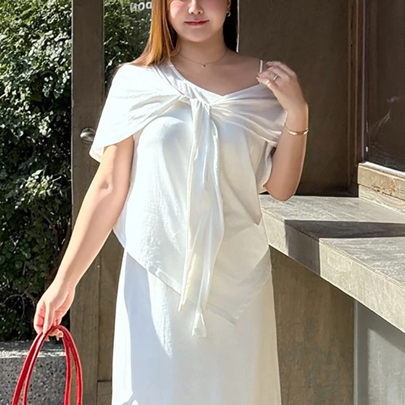 

XXXXL Fashion Plus Size Woman Clothing T-Shirt Premium Greek Thin off-the-shoulder Top With Shawl Spring Summer Tees 9480