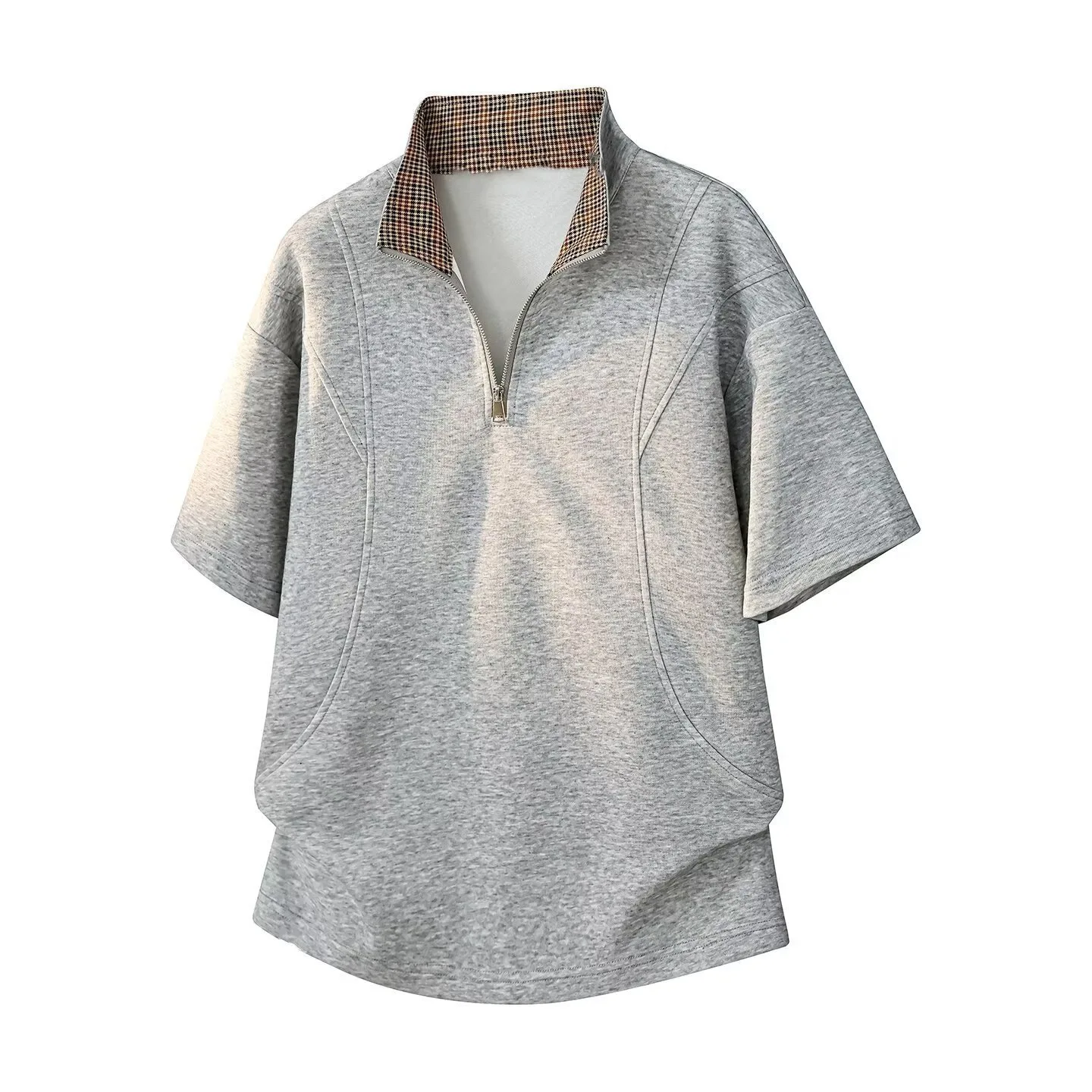 

2026 Splicing Plaid Short-sleeved Polo Shirt Men's Summer New Half-sleeved T-shirt Five-quarter-sleeved Casual