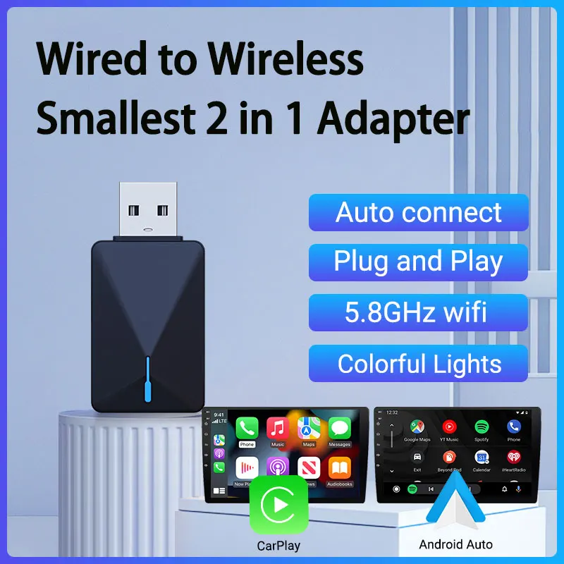 2in1 New Carplay&Android Auto Mini Box Wired to Wireless Carplay Adapter for USB/Type C Plug&Play Fit 99% of Cars Universal Box